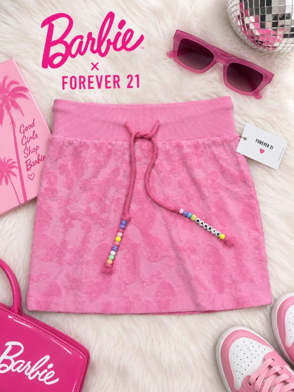 NWT Barbie x Forever 21 Pink Jacquard Mini Skirt Beaded Drawstring XS